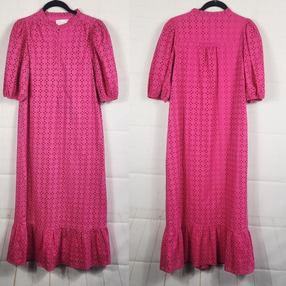 Tuckernuck Hyacinth House Tryall Preppy Eyelet Lace Ruffle Midi Dress Hot Pink S - Picture 2 of 15